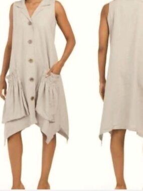 Athena Marie Lagonlook Linen Large Patch Pockets Assymetric Shirt Dress Size S